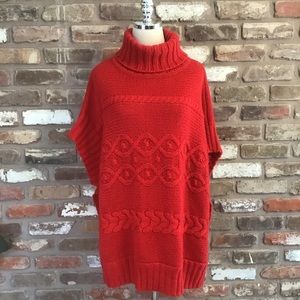 LOFT Women’s Red Cable Knit Oversized Turtleneck Poncho Sweater XS/S